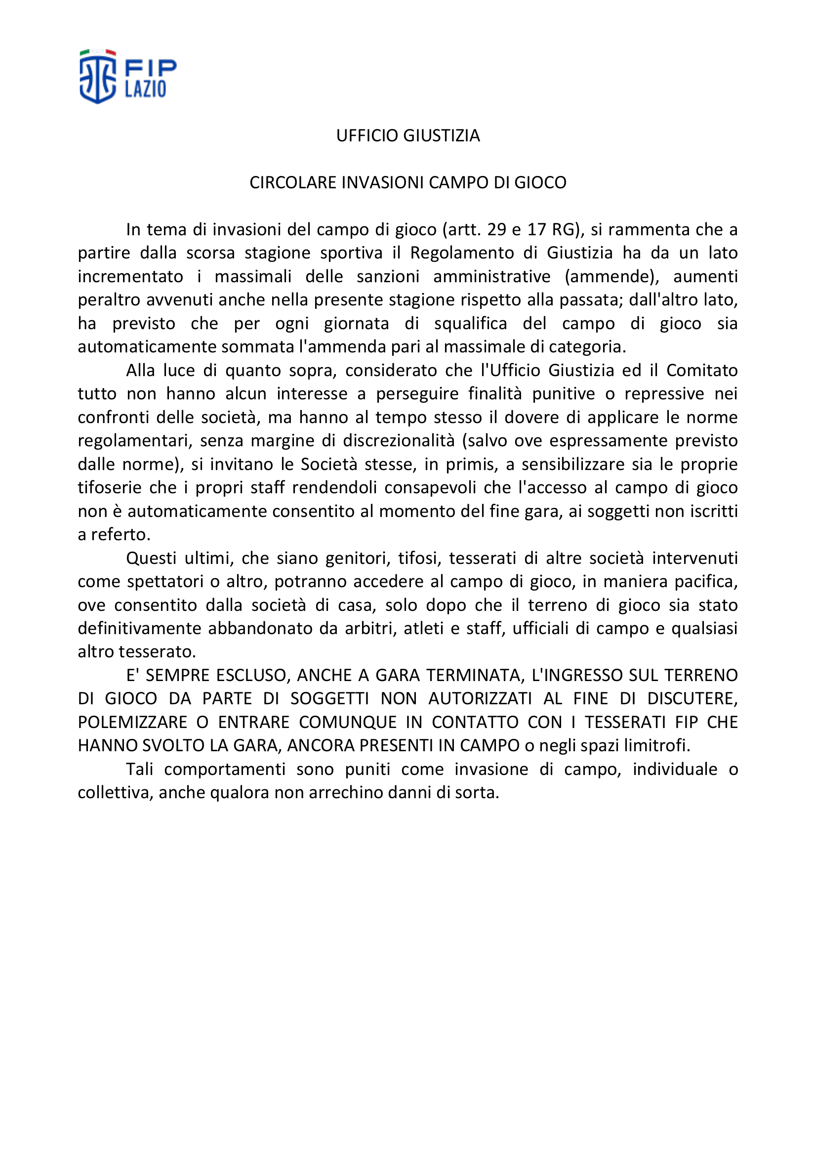 Circolare invasioni campo di gioco